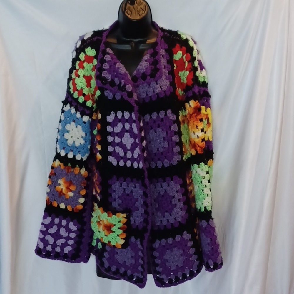 Handmade Crochet Granny Square Cardigan sz Med/large, purple, red, green